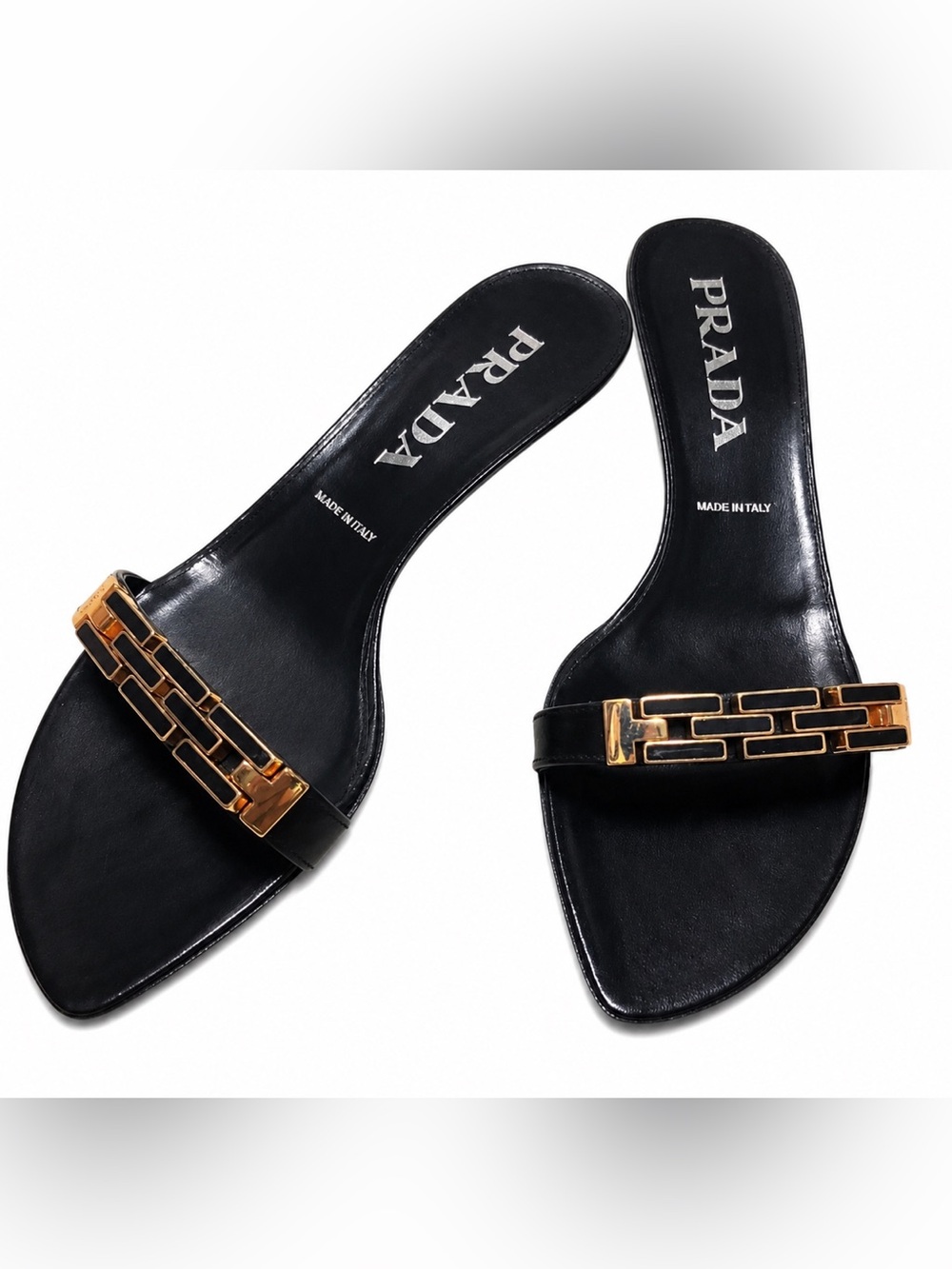 Auth NEW PRADA kitten Heel Mule sandal Black  Gold enamel jewelry detail 7 37